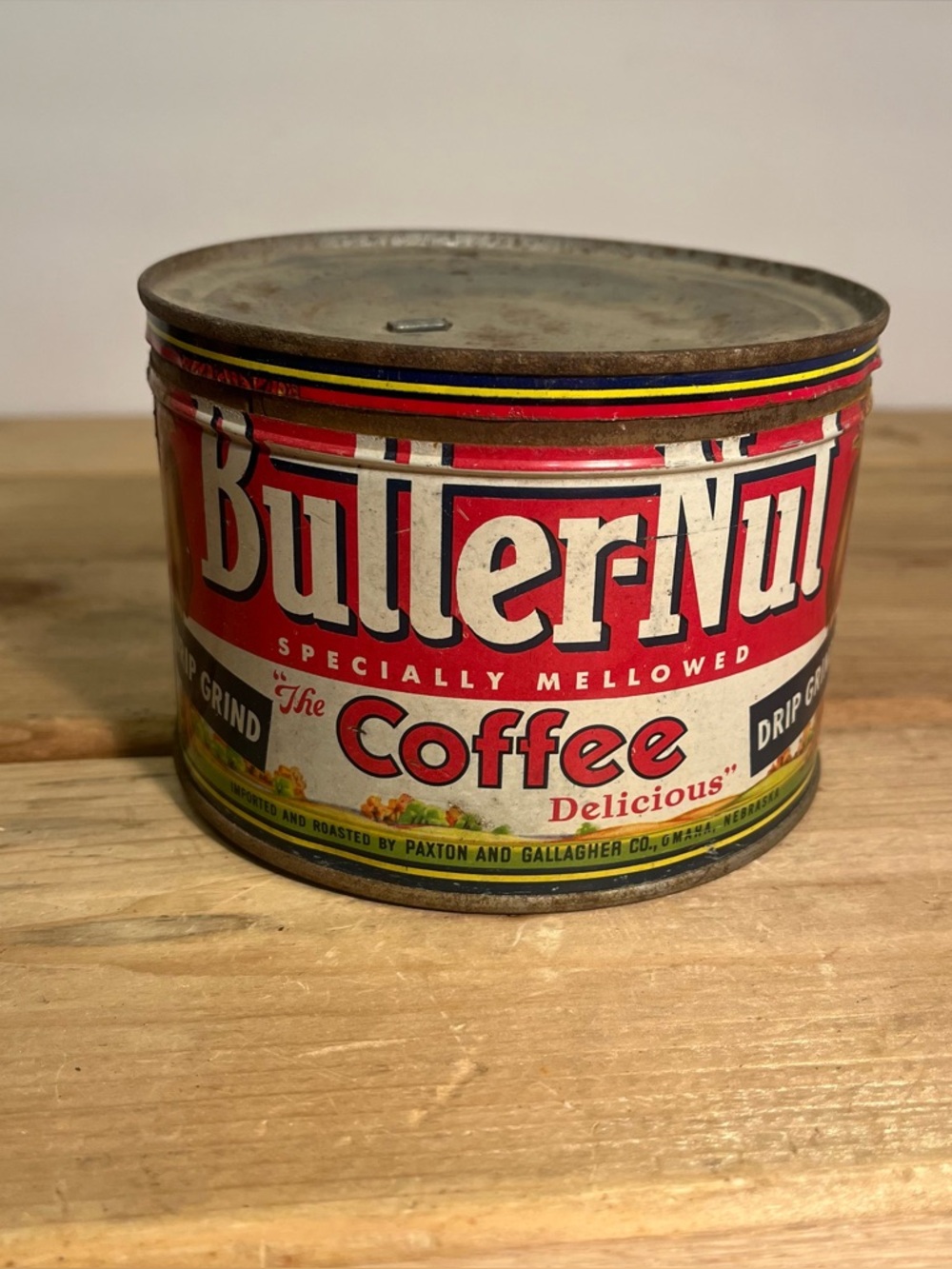 Vintage BUTTER-NUT COFFEE Tin Can 1lb One Pound Drip Grind w/ Metal Lid Empty